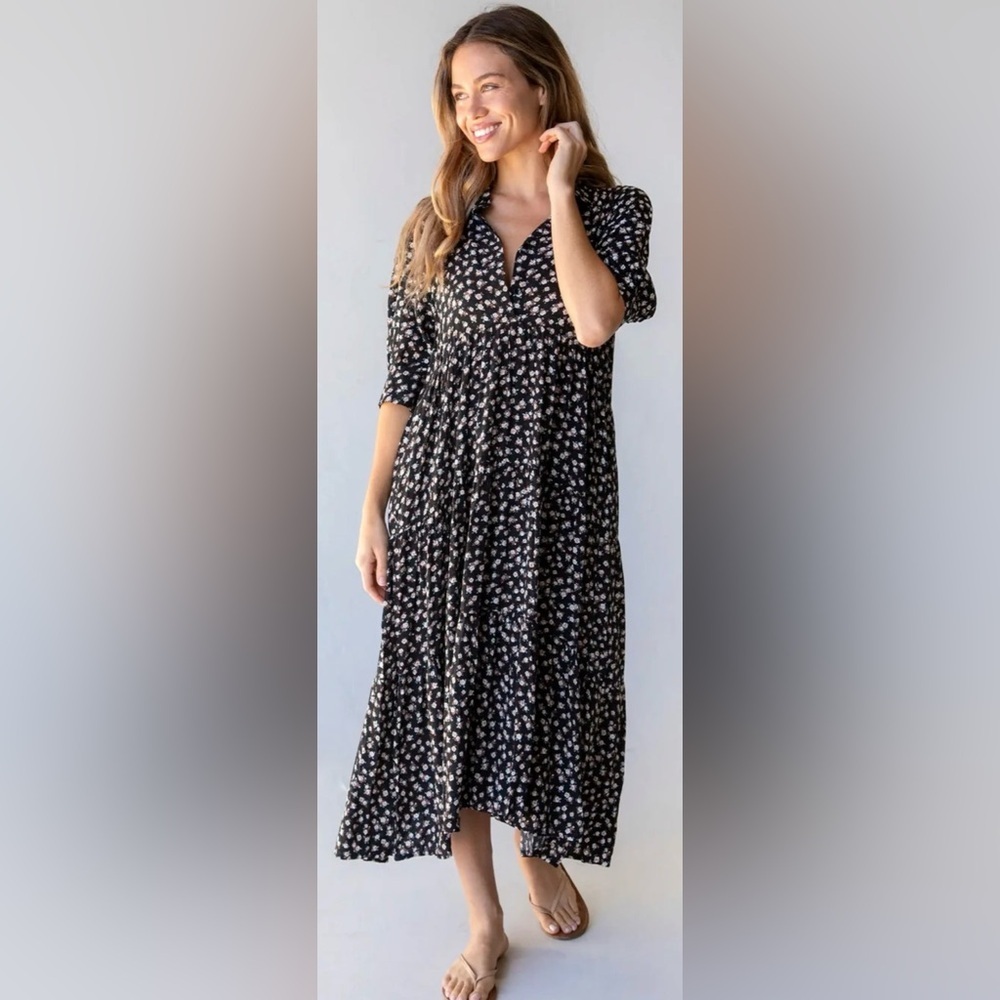 Natural Life Rebecca Midi Dress Black Cream Rose Floral Pockets Boho Sz Large - Picture 2 of 15